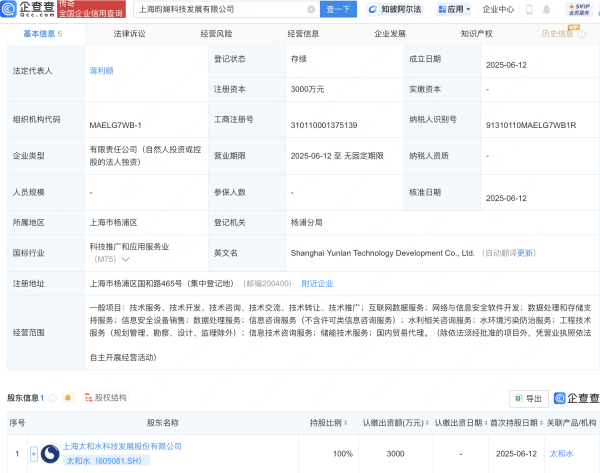 神牛资讯  企查查显示太和水成立科技发展新公司