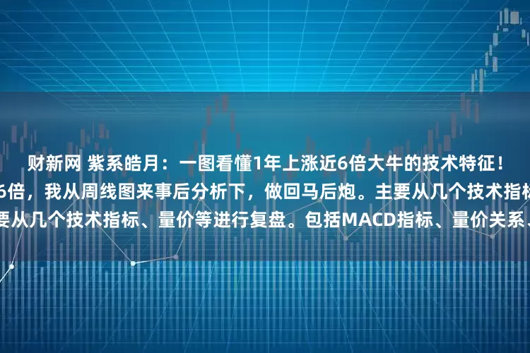 财新网 紫系皓月：一图看懂1年上涨近6倍大牛的技术特征！这个股票在一年时间上涨了近6倍，我从周线图来事后分析下，做回马后炮。主要从几个技术指标、量价等进行复盘。包括MACD指标、量价关系、K线形态、均线